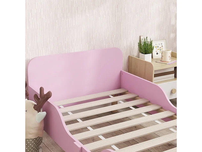 Cadre de lit enfant, lit simple avec barrière de sécurité, MDF rose – Lit enfant pratique pour chambre, sans matelas