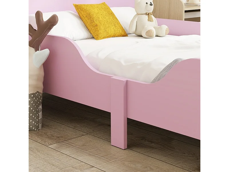 Cadre de lit enfant, lit simple avec barrière de sécurité, MDF rose – Lit enfant pratique pour chambre, sans matelas