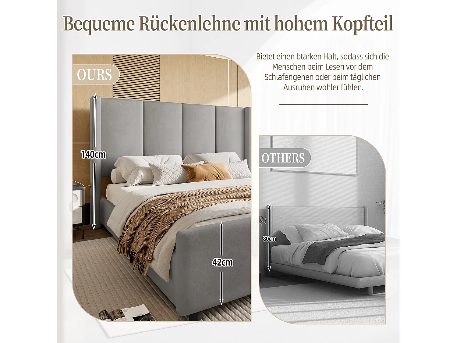 Estrutura de cama estofada 140x200 cm com cabeceira e peseira altas, porta USB, estrutura metálica e ripas de madeira – Robusta e durável, cinza