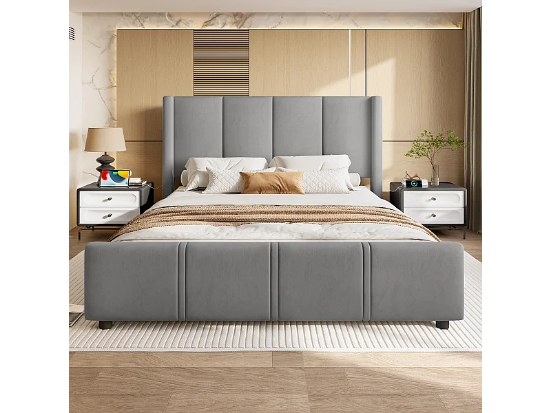Estrutura de cama estofada 140x200 cm com cabeceira e peseira altas, porta USB, estrutura metálica e ripas de madeira – Robusta e durável, cinza