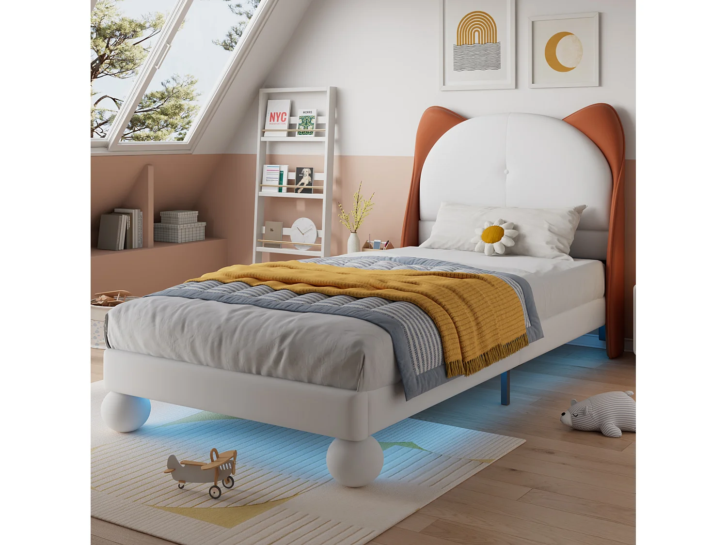 Kinderbed 90x200 cm gestoffeerd met kattenoren hoofdbord, LED-verlichting, massieve lattenbodem, PU-leer, beige en lichtbruin