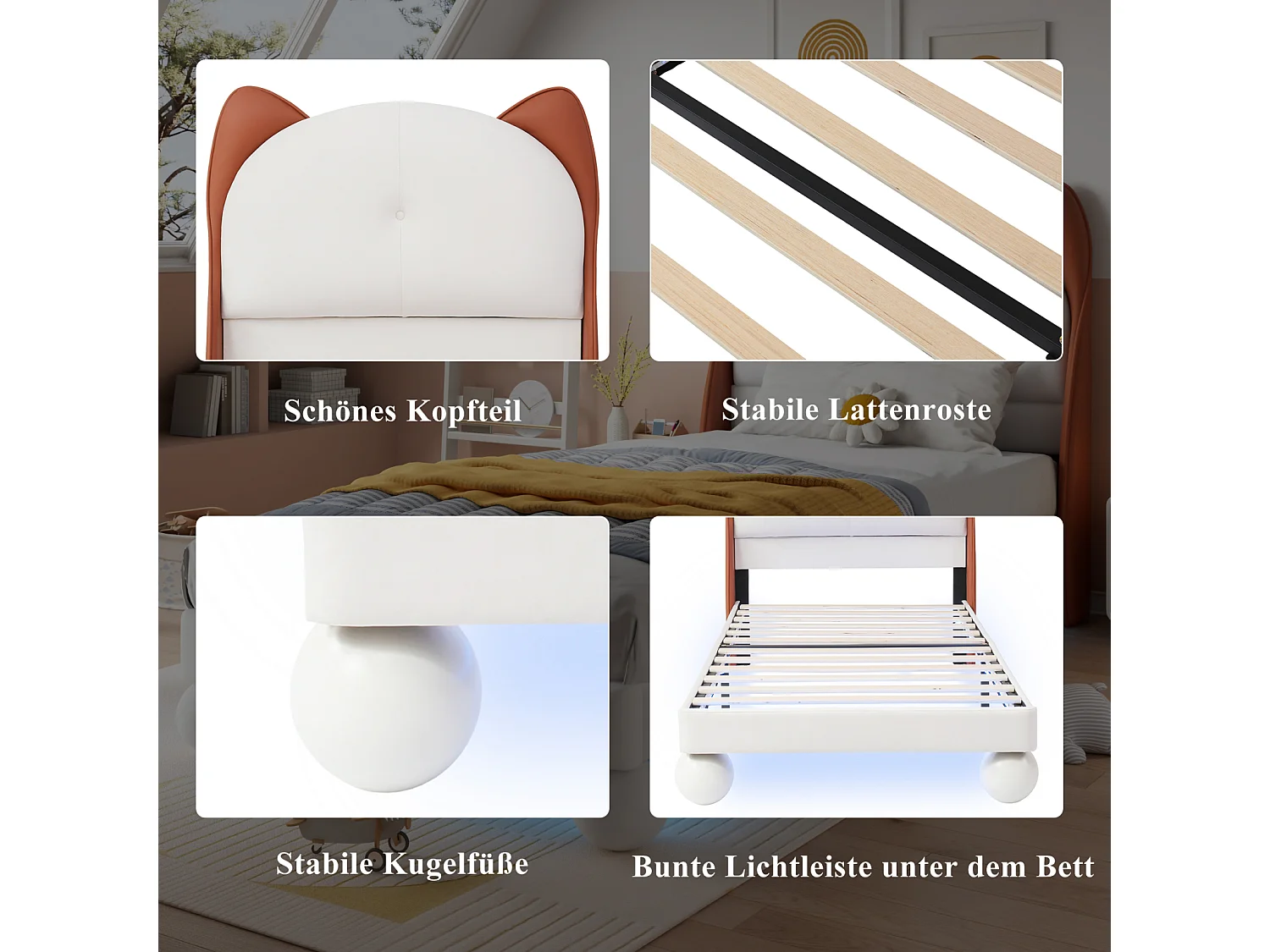 Kinderbed 90x200 cm gestoffeerd met kattenoren hoofdbord, LED-verlichting, massieve lattenbodem, PU-leer, beige en lichtbruin