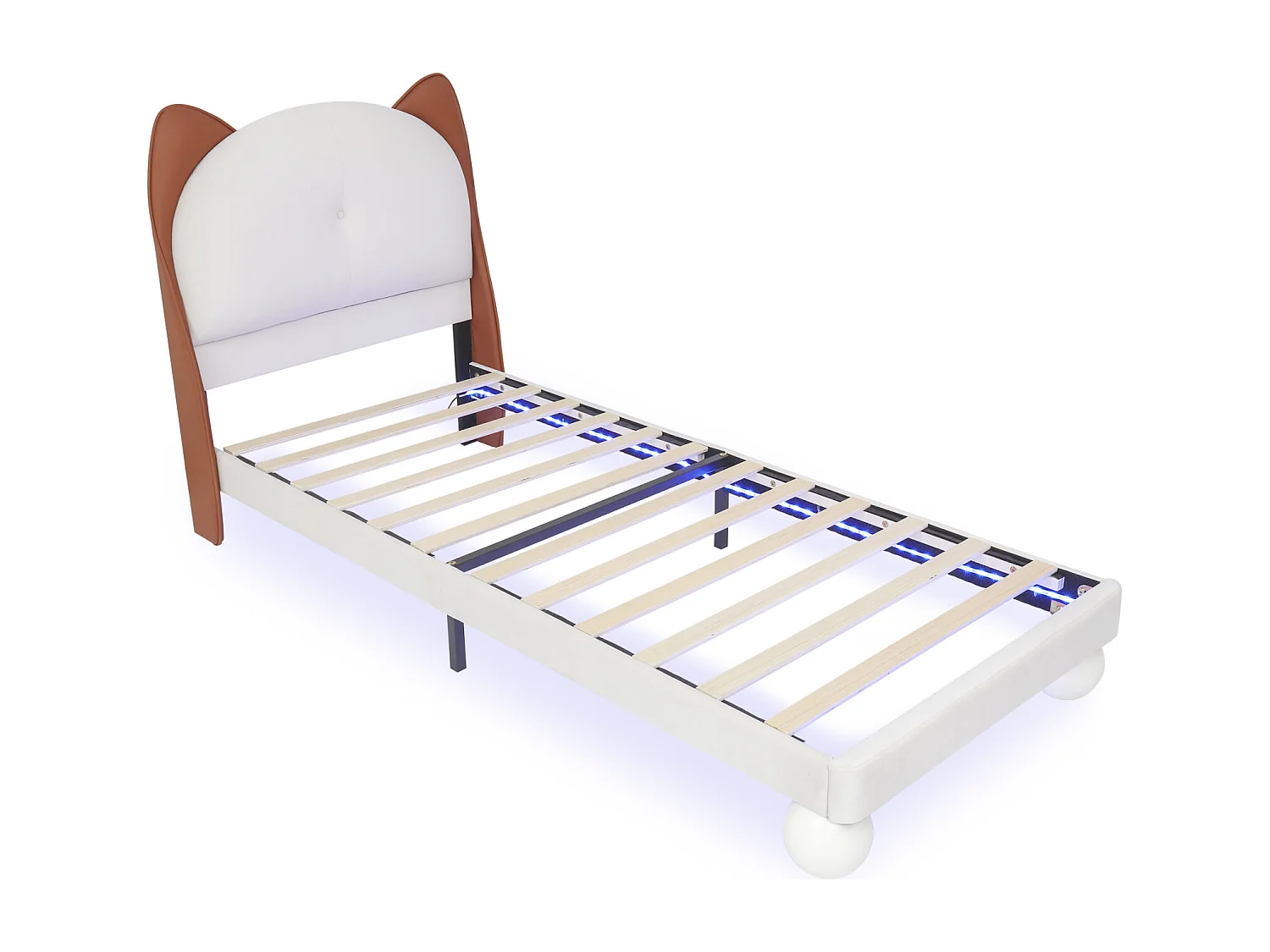 Kinderbed 90x200 cm gestoffeerd met kattenoren hoofdbord, LED-verlichting, massieve lattenbodem, PU-leer, beige en lichtbruin