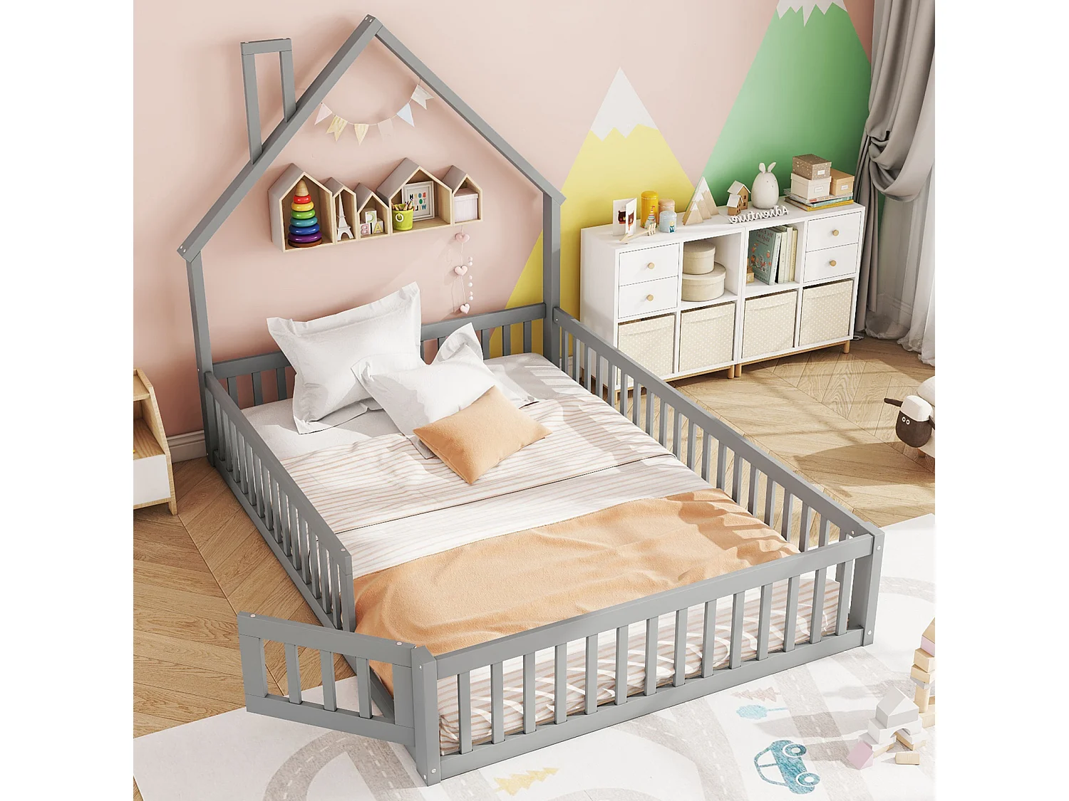 Letto per bambini 140x200 cm in legno di pino, stile minimalista con testiera a camino, rete a doghe inclusa, colore grigio