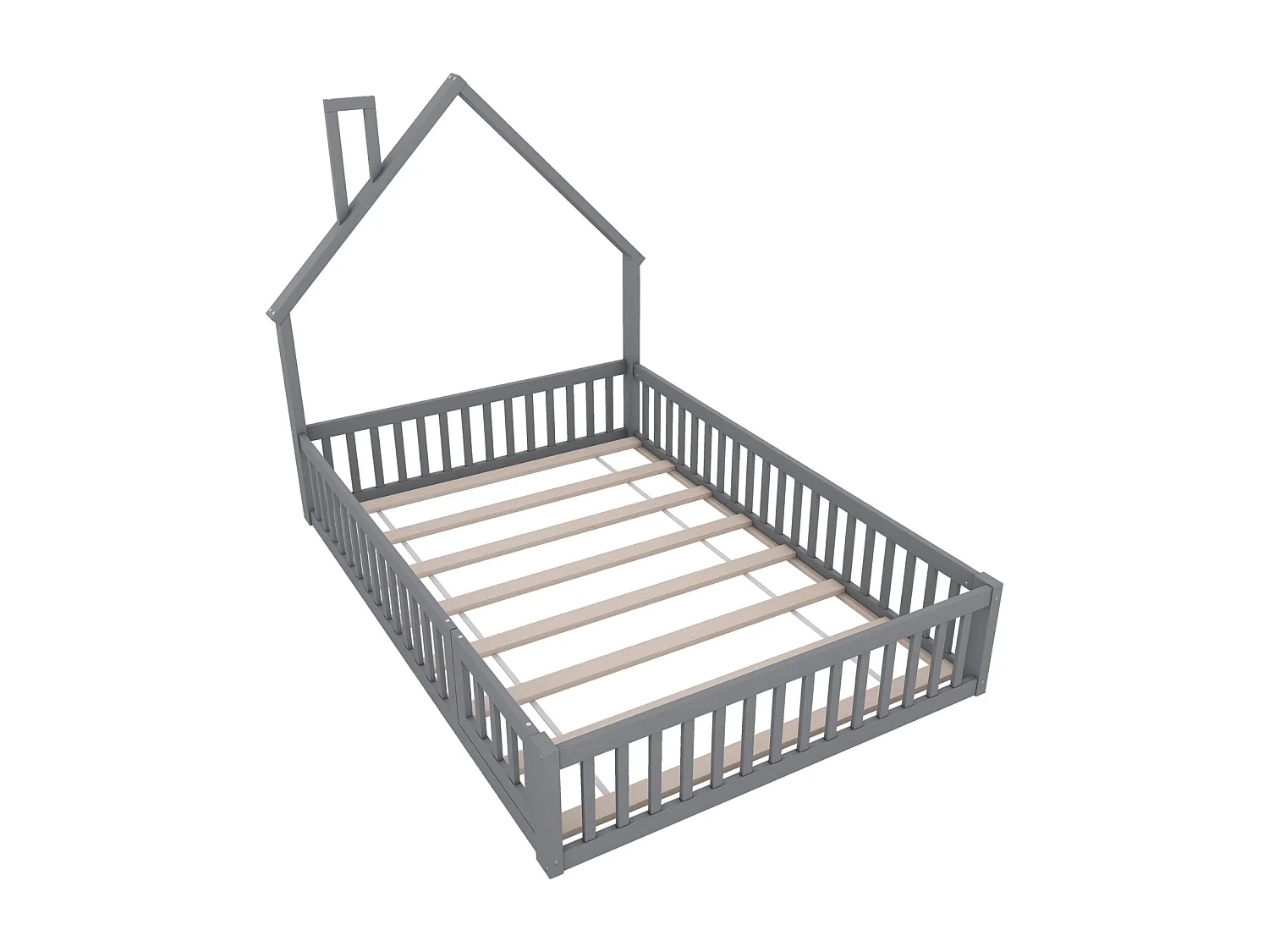 Letto per bambini 140x200 cm in legno di pino, stile minimalista con testiera a camino, rete a doghe inclusa, colore grigio