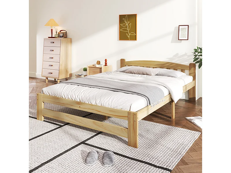 Cama futón de 140x200 cm en madera maciza natural con cabecero y somier de láminas – robusta cama futón para adolescentes y adultos