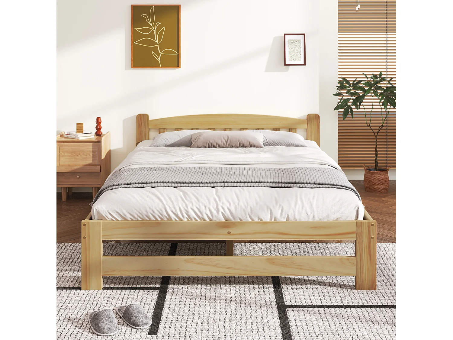 Cama futón de 140x200 cm en madera maciza natural con cabecero y somier de láminas – robusta cama futón para adolescentes y adultos