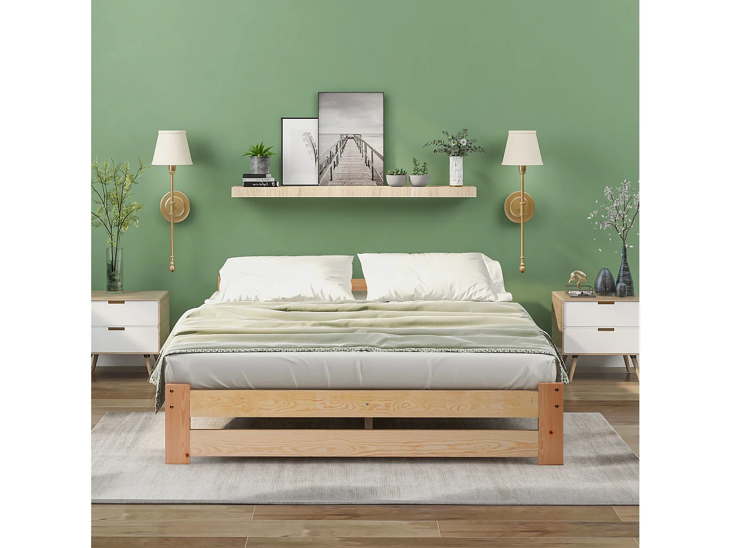 Futonbed 140x200 cm van natuurlijk massief hout met hoofdbord en lattenbodem – robuust bed met een strak design