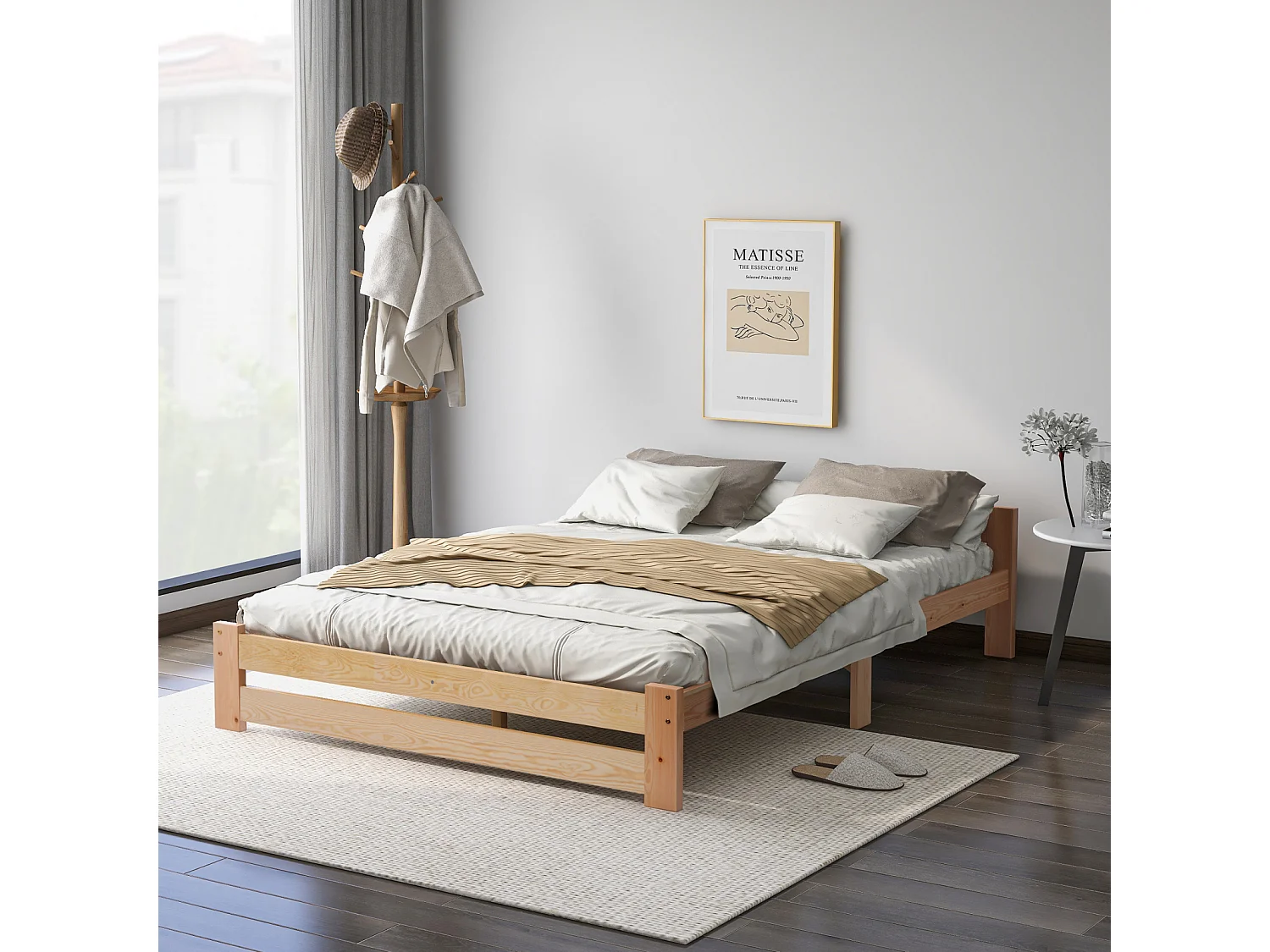 Futonbed 140x200 cm van natuurlijk massief hout met hoofdbord en lattenbodem – robuust bed met een strak design