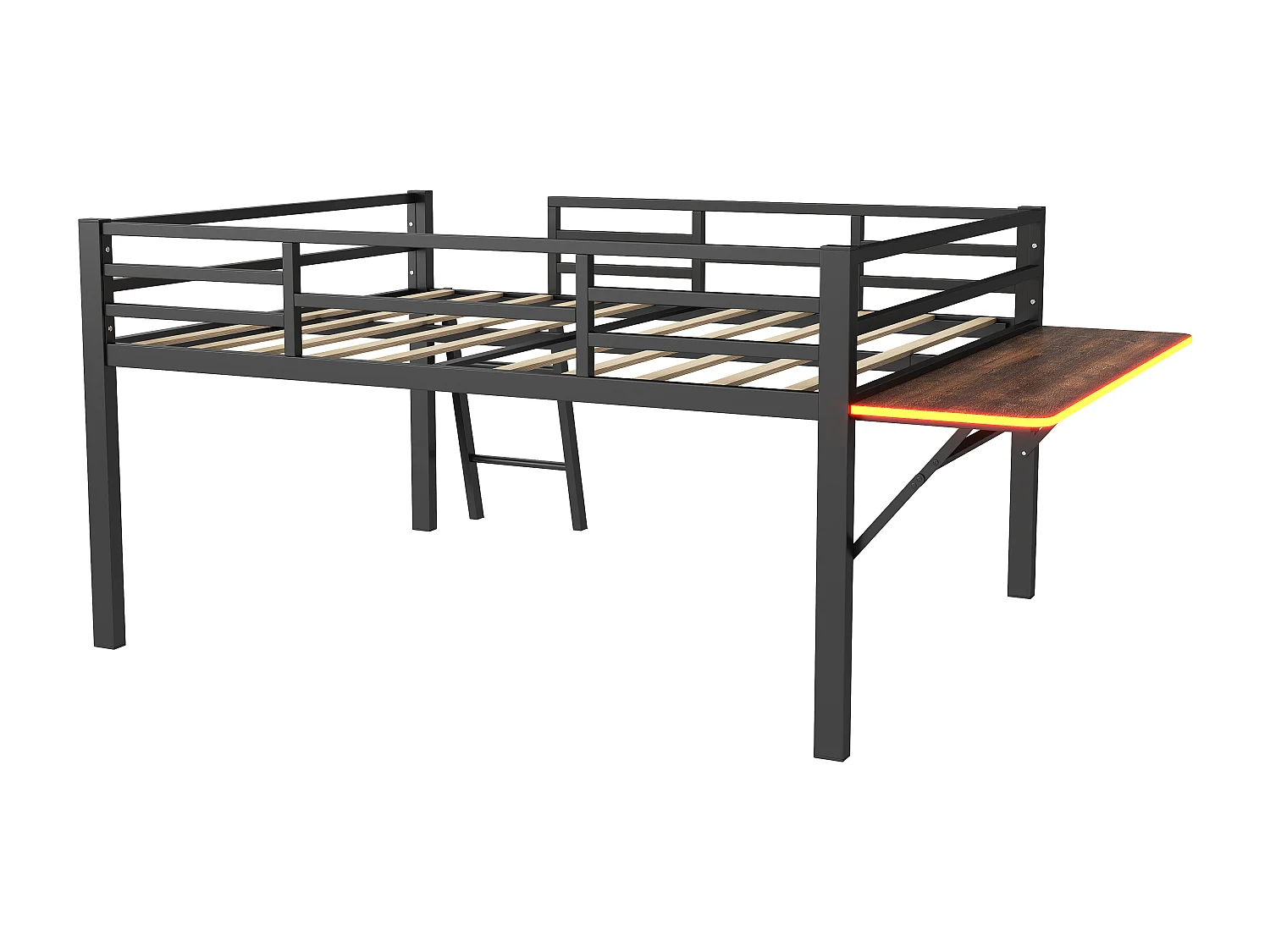 Lit plat 140x200 cm en métal noir avec barrières, échelle, bureau et bande LED télécommandée – lit moderne sans matelas