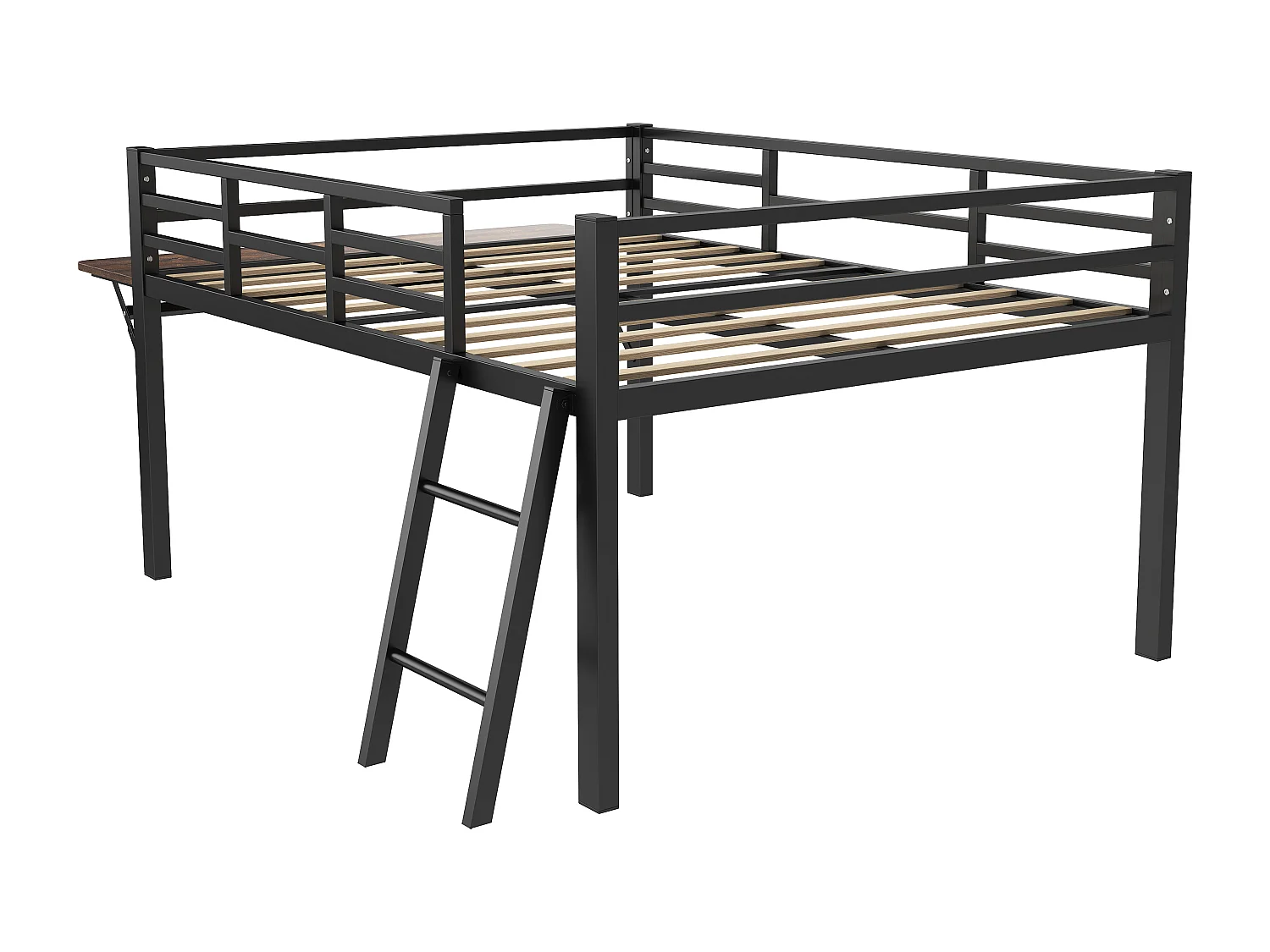 Cama plana de 140x200 cm en metal negro con barandillas, escalera, escritorio y tira LED con control remoto – cama moderna sin colchón