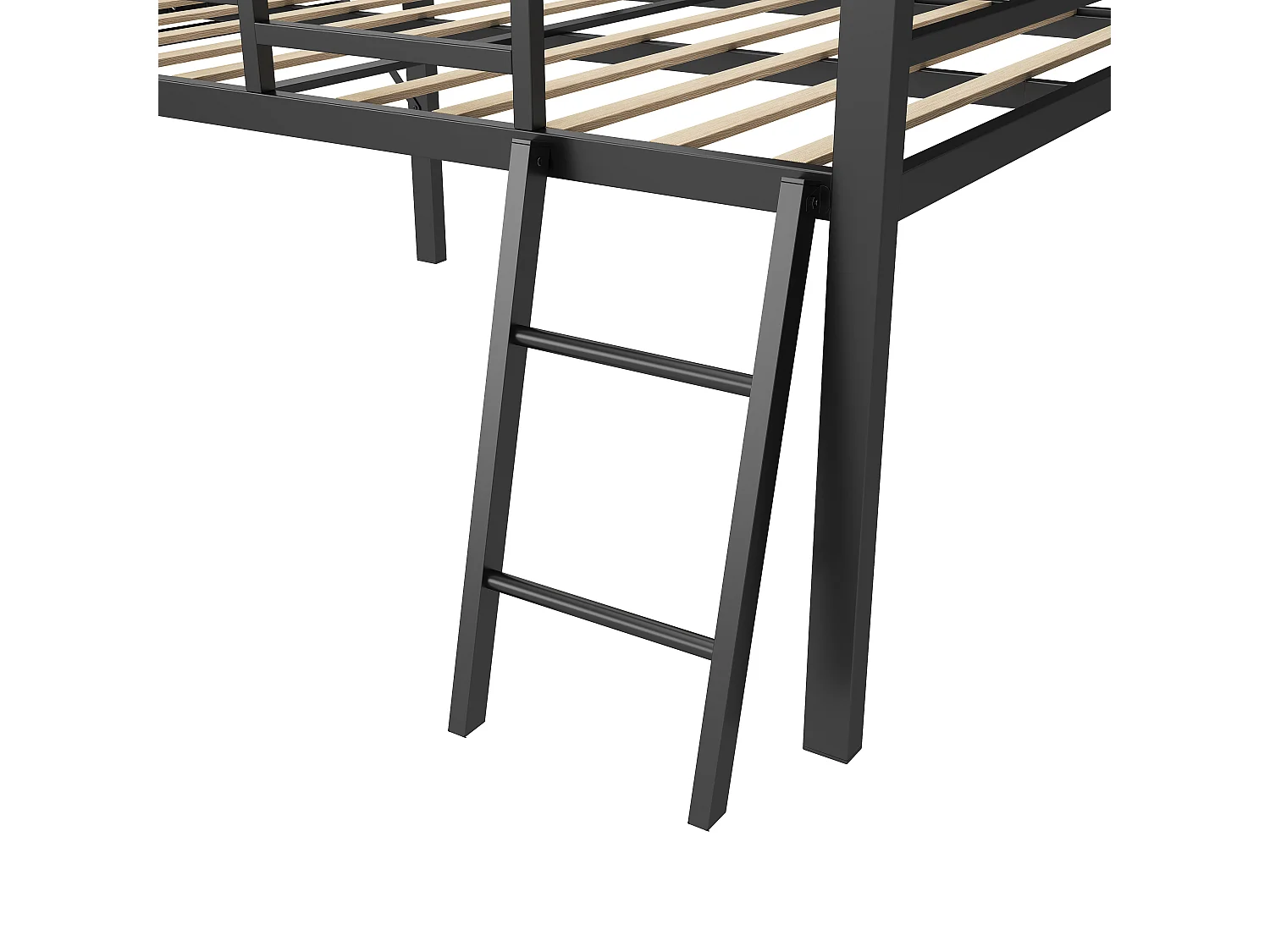 Cama plana de 140x200 cm en metal negro con barandillas, escalera, escritorio y tira LED con control remoto – cama moderna sin colchón