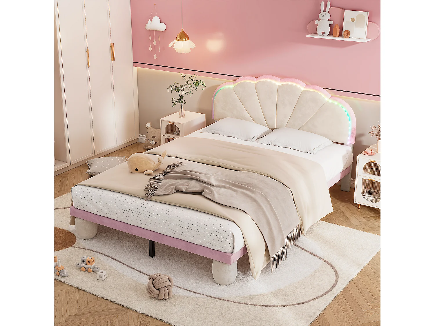 Tweepersoonsbed 140x200 cm in beige fluweel met golvend hoofdbord, veelkleurige led-lampjes, ronde, gewatteerde poten en lattenbodem