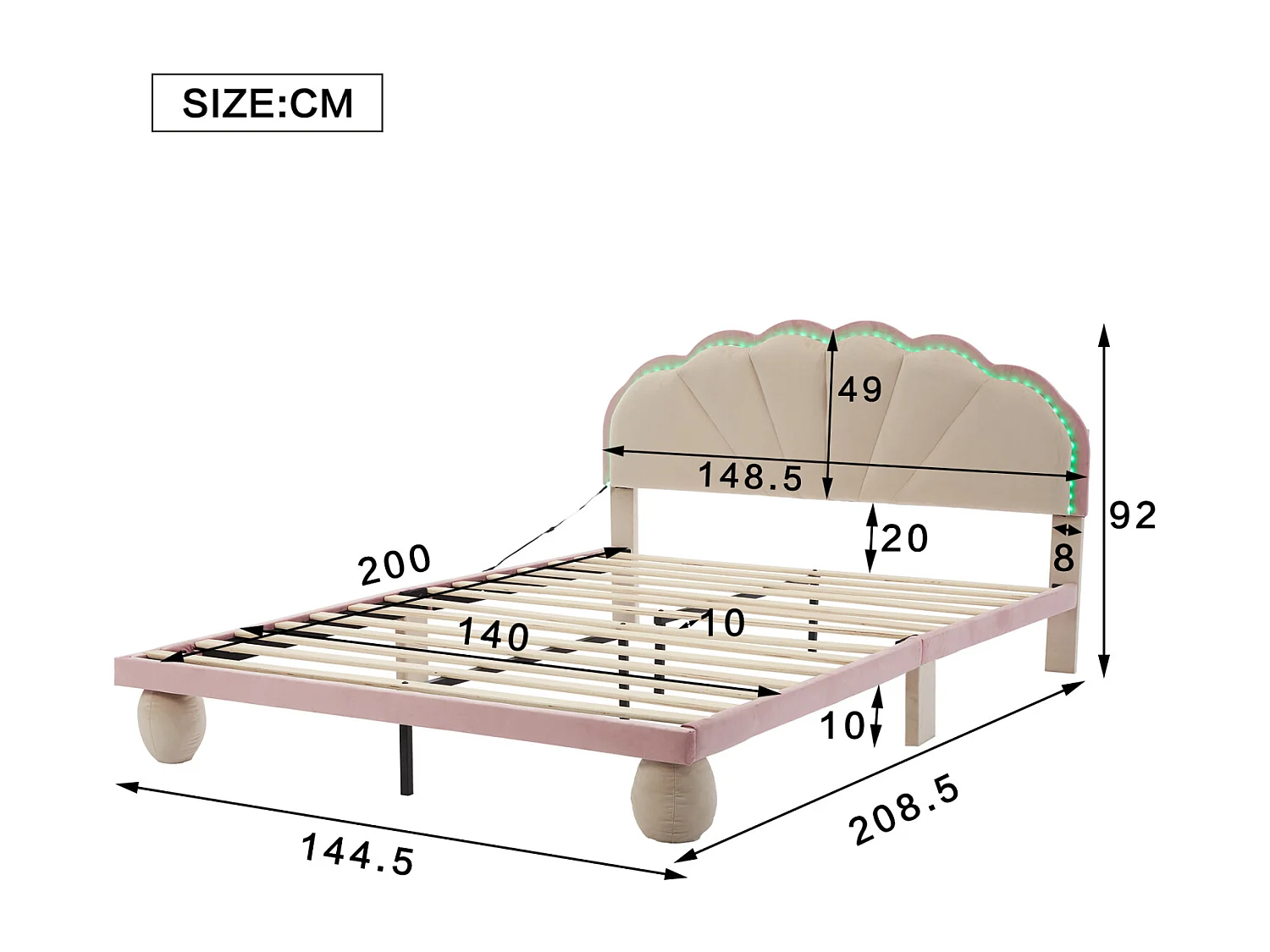 Tweepersoonsbed 140x200 cm in beige fluweel met golvend hoofdbord, veelkleurige led-lampjes, ronde, gewatteerde poten en lattenbodem