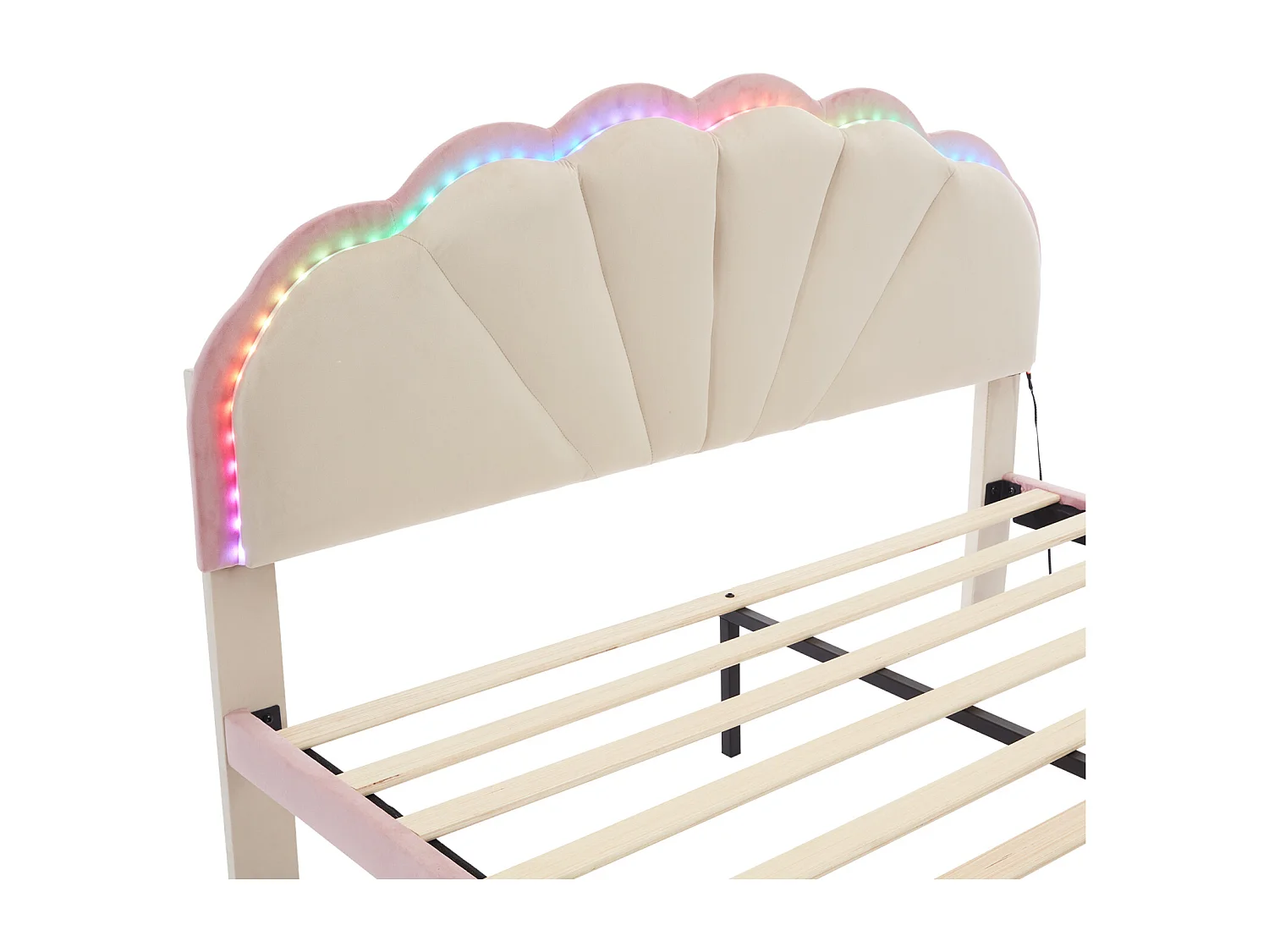 Tweepersoonsbed 140x200 cm in beige fluweel met golvend hoofdbord, veelkleurige led-lampjes, ronde, gewatteerde poten en lattenbodem