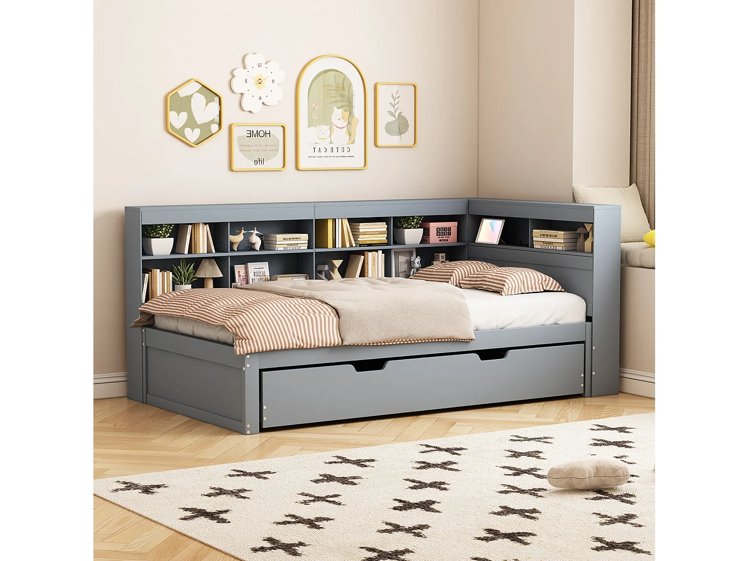Divano letto estensibile 90/200cm e letto 90x190cm grigio con porta USB e vani portaoggetti – Letto multifunzionale pratico e robusto