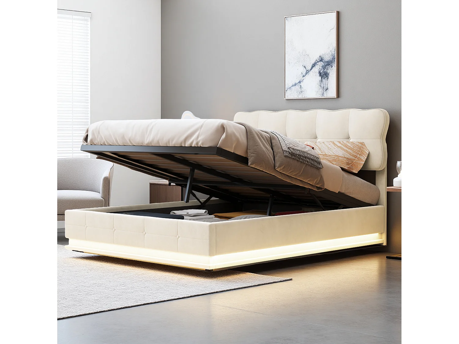 Lit coffre à vérin hydraulique avec LED, 140x190cm, velours beige, tête de lit design moderne, éclairage multicolore télécommandé