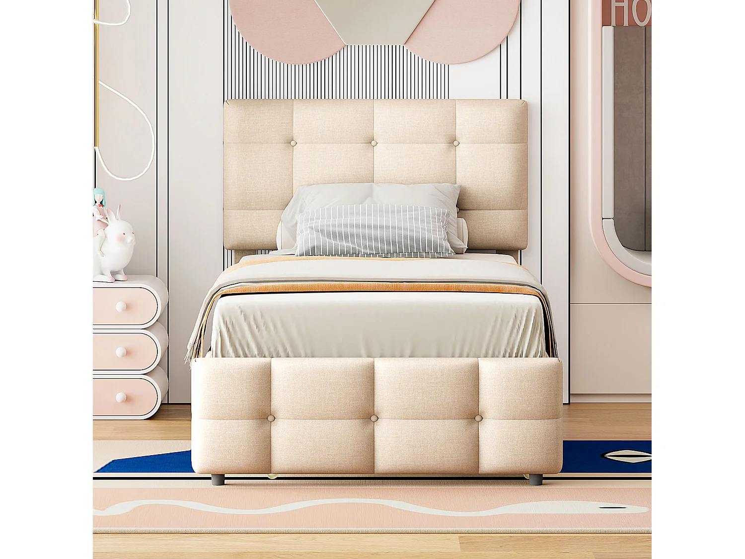 Letto per bambini estensibile 90x200 cm in tessuto beige, testiera regolabile, morbida imbottitura in lino, ideale per la camera dei ragazzi o degli ospiti