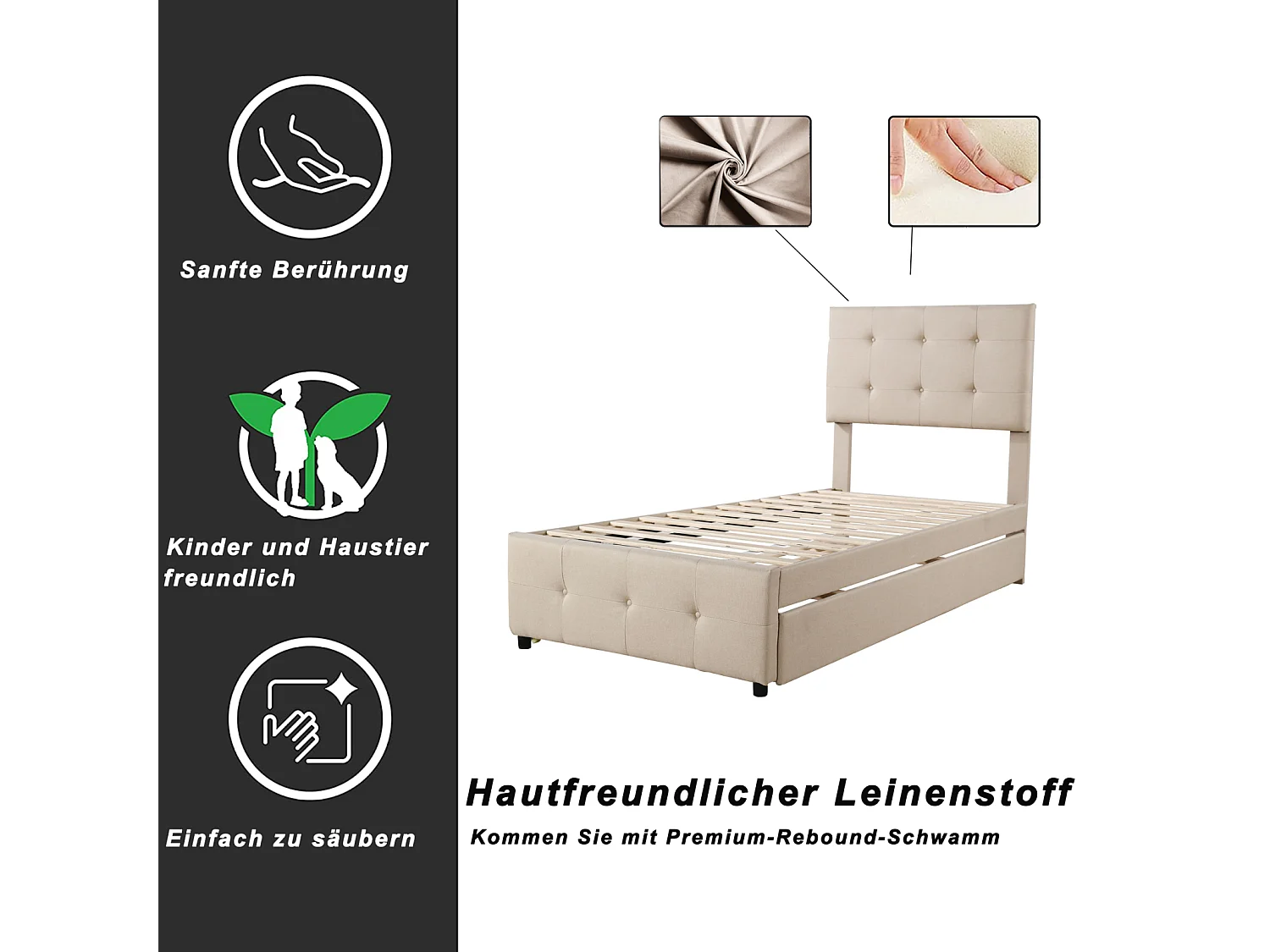 Letto per bambini estensibile 90x200 cm in tessuto beige, testiera regolabile, morbida imbottitura in lino, ideale per la camera dei ragazzi o degli ospiti