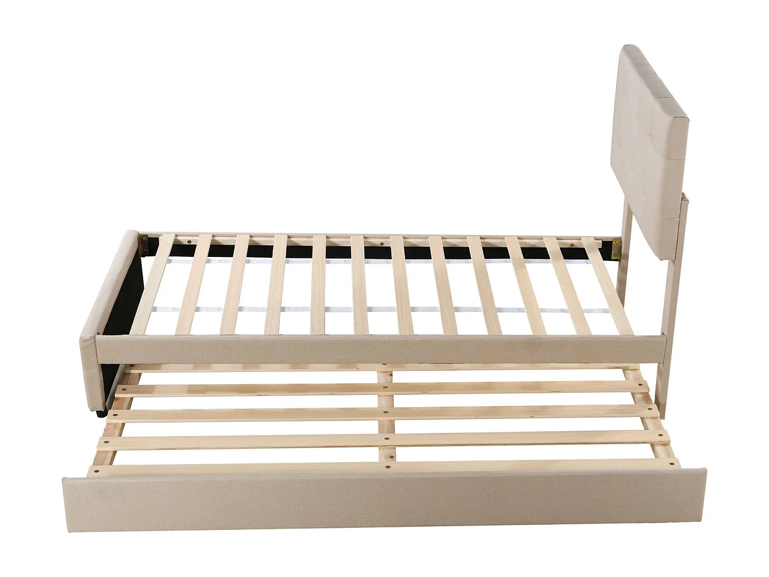 Letto per bambini estensibile 90x200 cm in tessuto beige, testiera regolabile, morbida imbottitura in lino, ideale per la camera dei ragazzi o degli ospiti