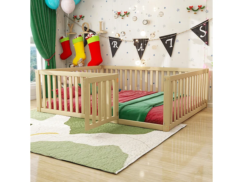 Lit enfant 140x200cm en bois avec cadre, barrières de sécurité et porte intégrée – Lit solide, sûr et pratique, couleur bois naturel