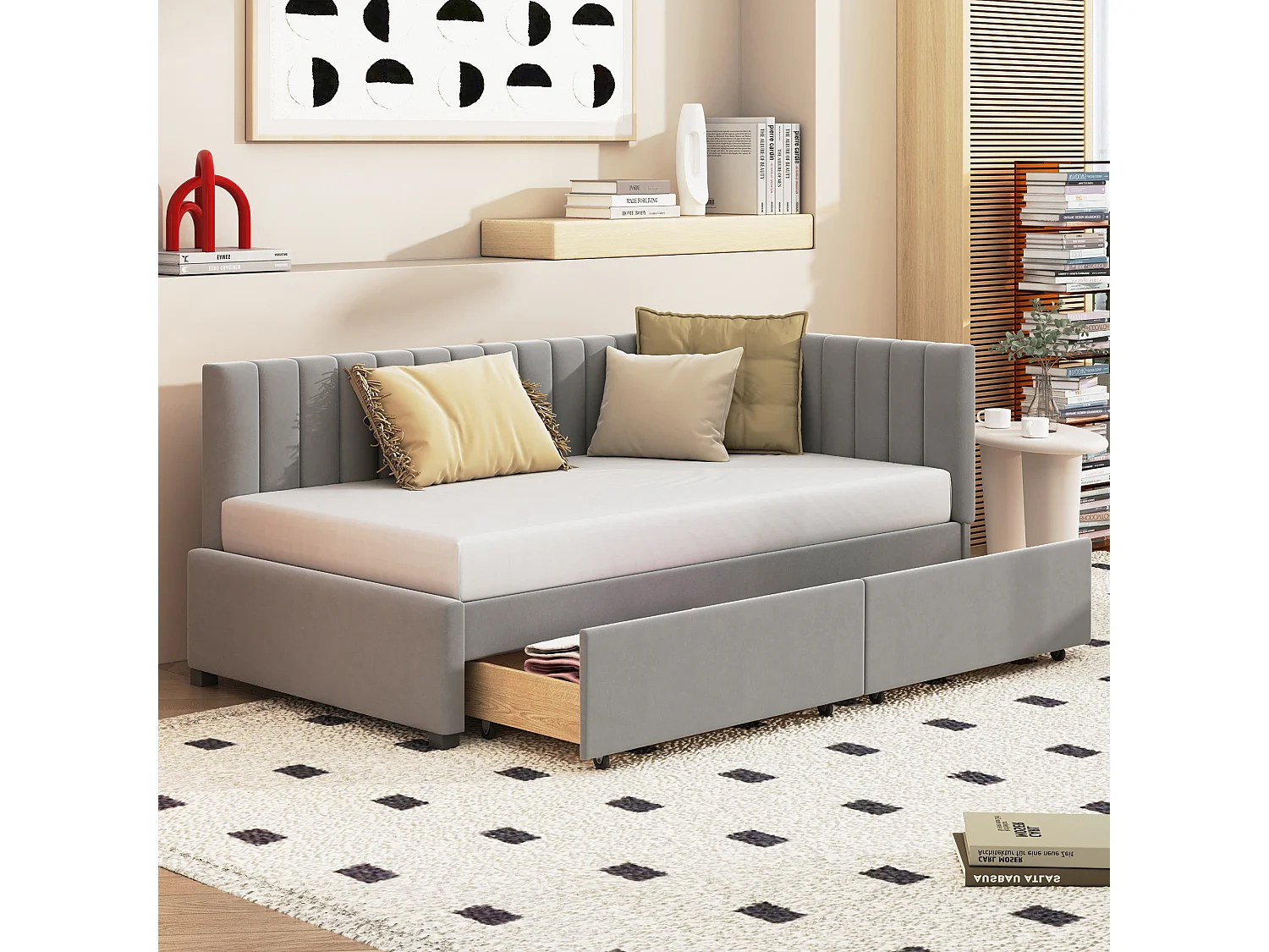 Divano letto multifunzionale 90x200cm in velluto grigio con 2 cassetti contenitori e rete a doghe – Letto comodo, pratico e salvaspazio