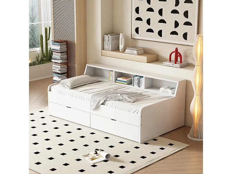 Letto singolo 90x200 cm con 2 cassetti e contenitore integrato, divano letto bianco – pratico, funzionale e salvaspazio