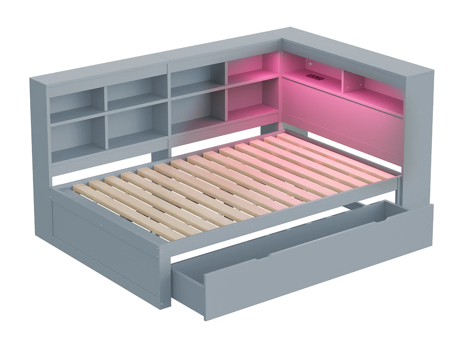 Divano letto multifunzionale 140x200 cm in legno massello grigio, ampi cassetti, LED e porta USB, ripiani – Letto matrimoniale pratico ed elegante