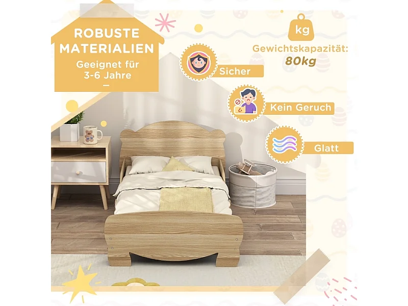 Kinderbed 143,5x80 cm van massief hout, huisstijl met uitvalbeveiliging, speelbed voor kinderen tot 80 kg, berendesign voor de kinderkamer