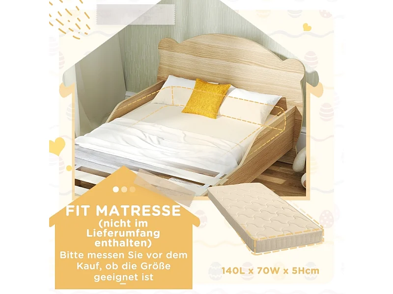 Kinderbed 143,5x80 cm van massief hout, huisstijl met uitvalbeveiliging, speelbed voor kinderen tot 80 kg, berendesign voor de kinderkamer