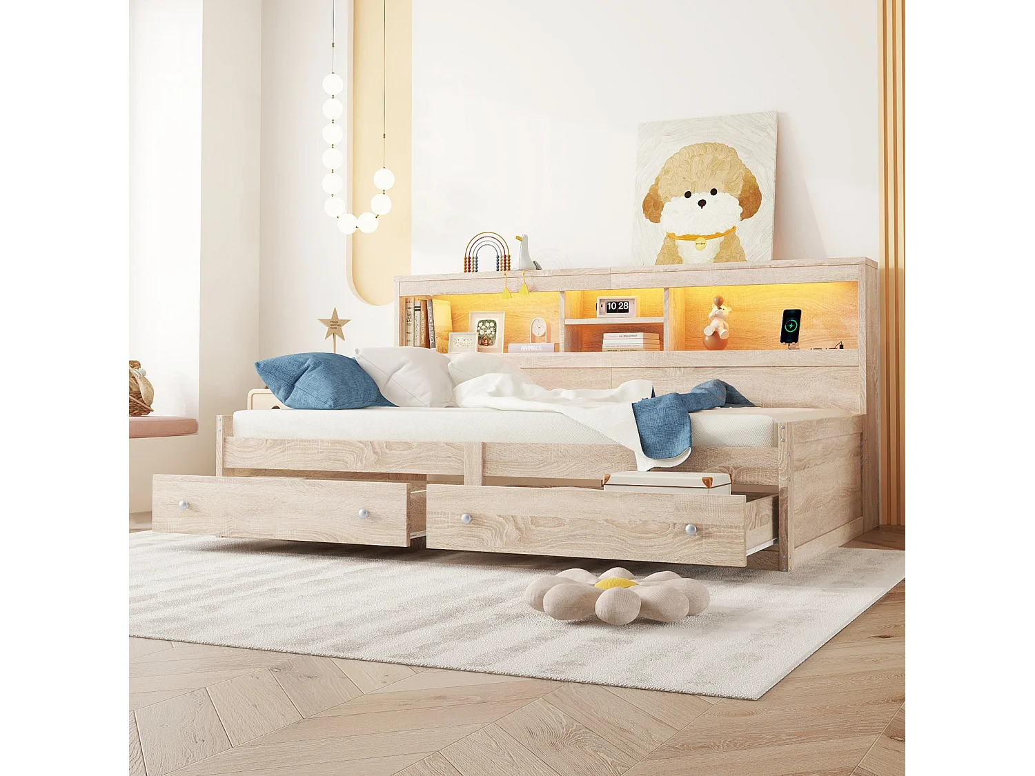 Sofá cama 90x200 cm con somier de láminas, 2 cajones, puertos USB e iluminación LED ambiental. Estructura en tablero efecto madera natural. Sin colchón