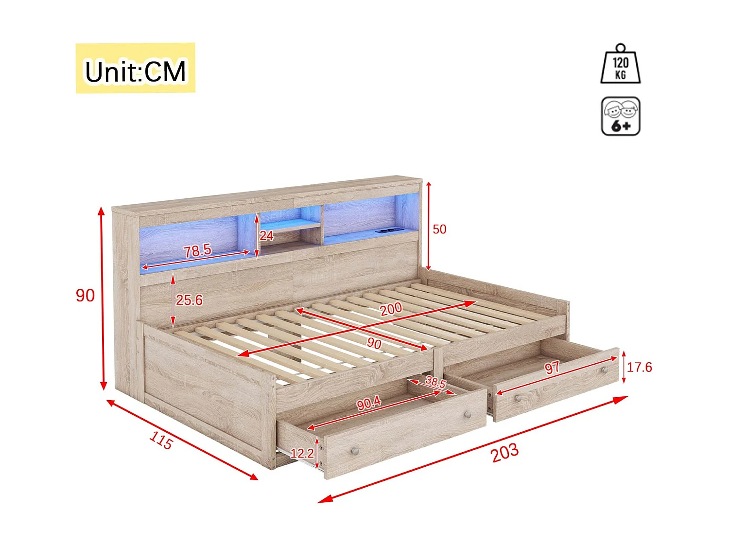 Sofá cama 90x200 cm con somier de láminas, 2 cajones, puertos USB e iluminación LED ambiental. Estructura en tablero efecto madera natural. Sin colchón