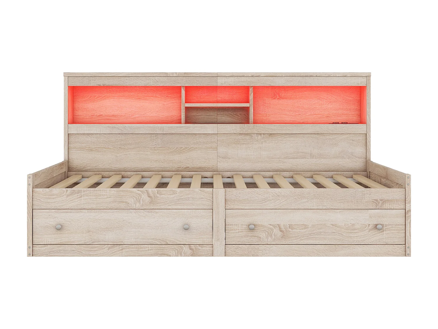 Sofá cama 90x200 cm con somier de láminas, 2 cajones, puertos USB e iluminación LED ambiental. Estructura en tablero efecto madera natural. Sin colchón