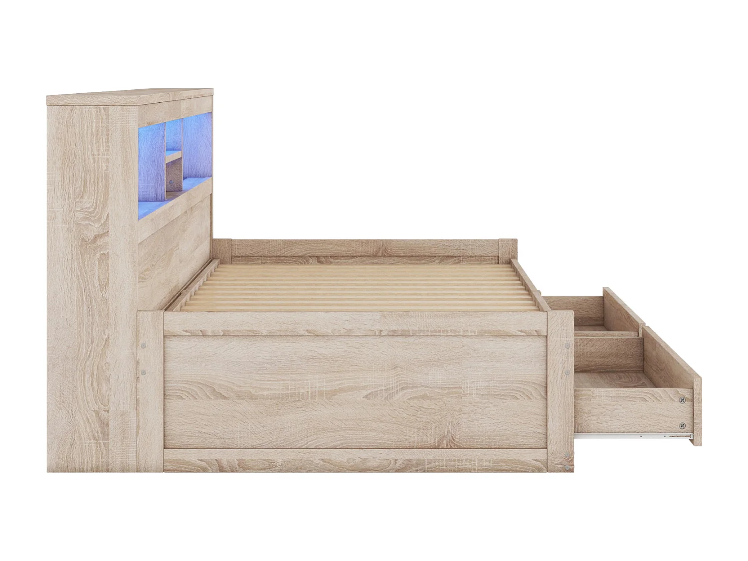 Sofá cama 90x200 cm con somier de láminas, 2 cajones, puertos USB e iluminación LED ambiental. Estructura en tablero efecto madera natural. Sin colchón