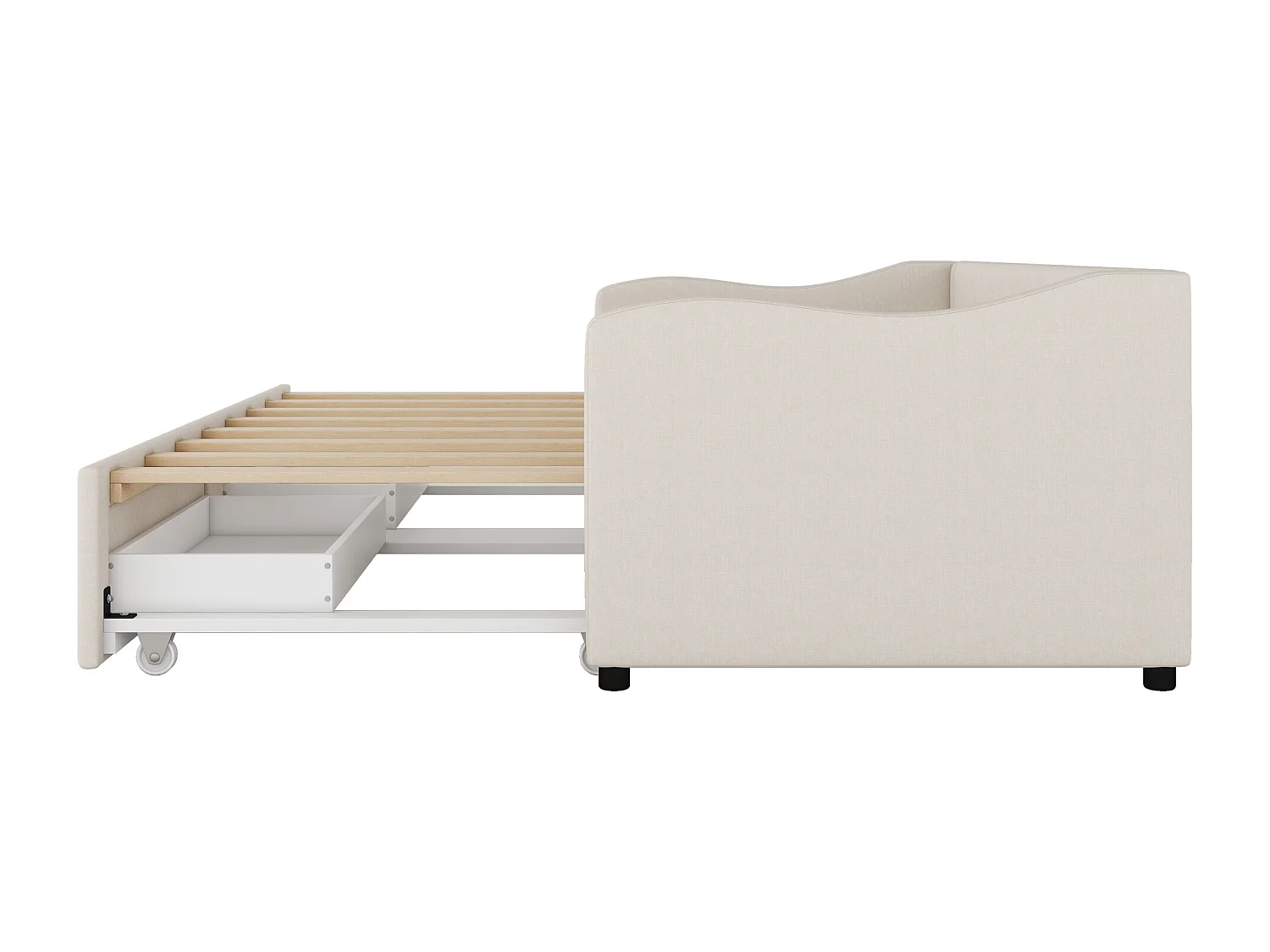 Lit de jour 90x200 cm beige en lin avec lit gigogne et 2 tiroirs – canapé-lit multifonction sans matelas, style minimaliste