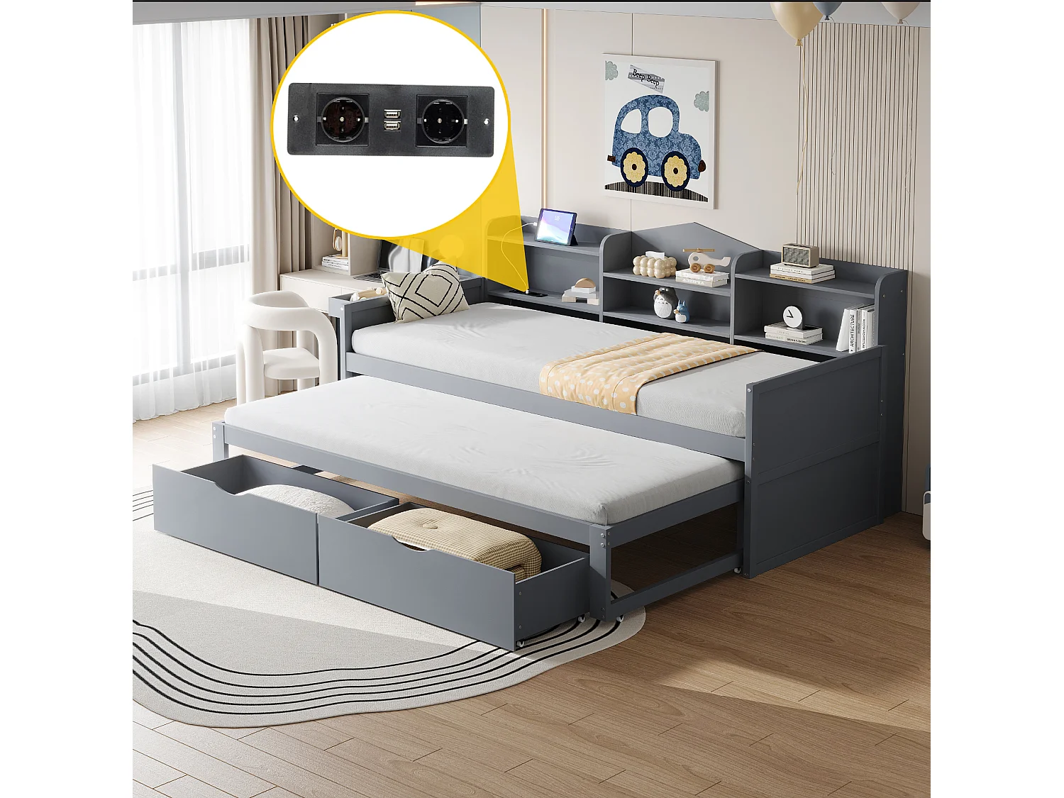 Sofá cama de 90x200 cm con cama extraíble de 90x190 cm, 2 cajones, amplio compartimento de almacenamiento, cesta, puerto USB – cama individual multifuncional gris