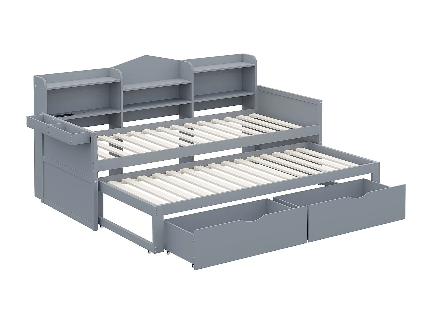 Sofá cama de 90x200 cm con cama extraíble de 90x190 cm, 2 cajones, amplio compartimento de almacenamiento, cesta, puerto USB – cama individual multifuncional gris