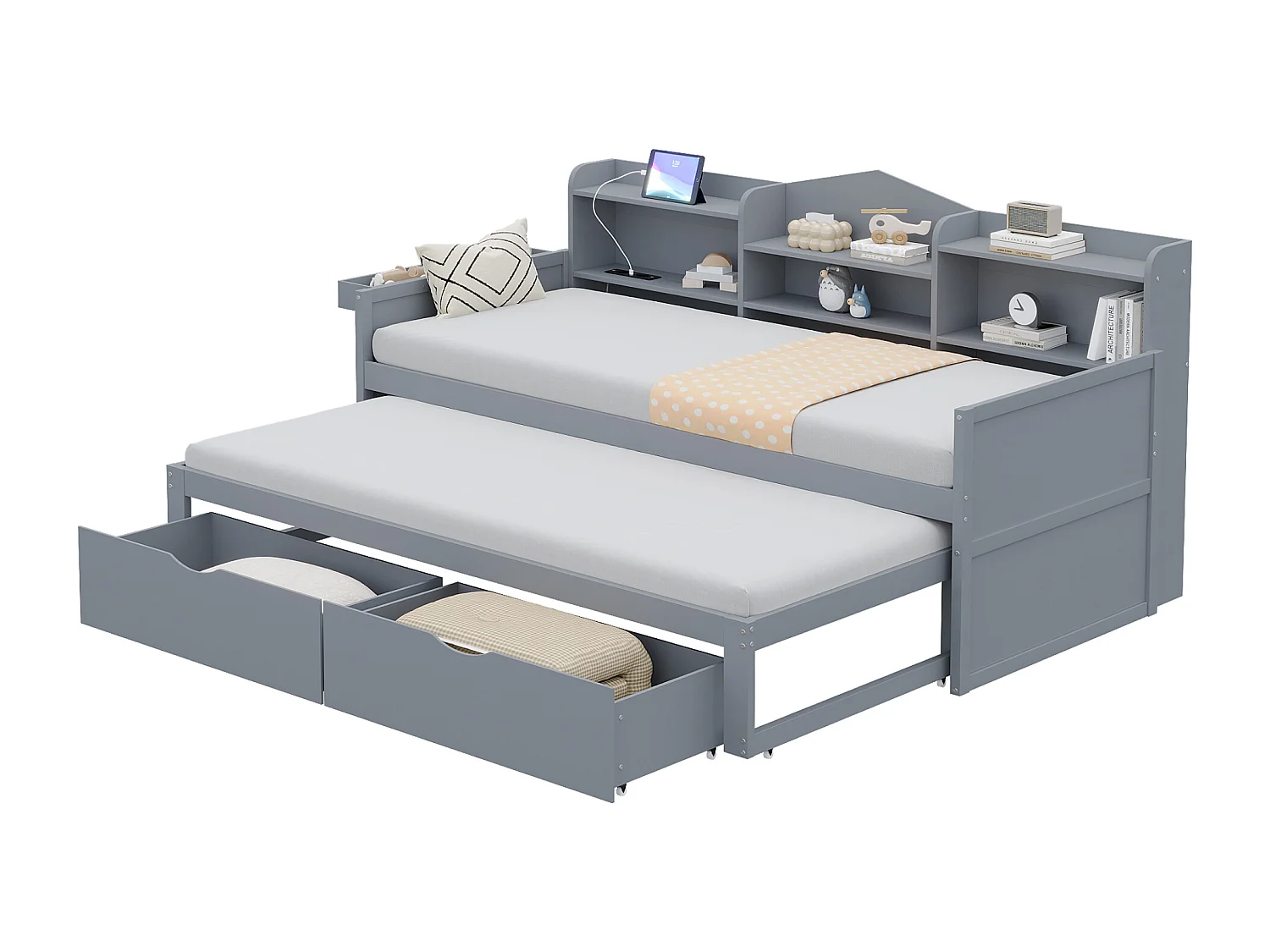 Sofá cama de 90x200 cm con cama extraíble de 90x190 cm, 2 cajones, amplio compartimento de almacenamiento, cesta, puerto USB – cama individual multifuncional gris