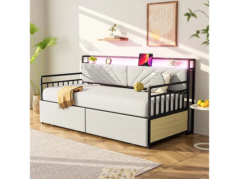 Divano letto in metallo 90x200 cm con illuminazione a LED, ripiani, cassetti e prese multifunzionali – Letto singolo per ragazzi, design moderno, beige
