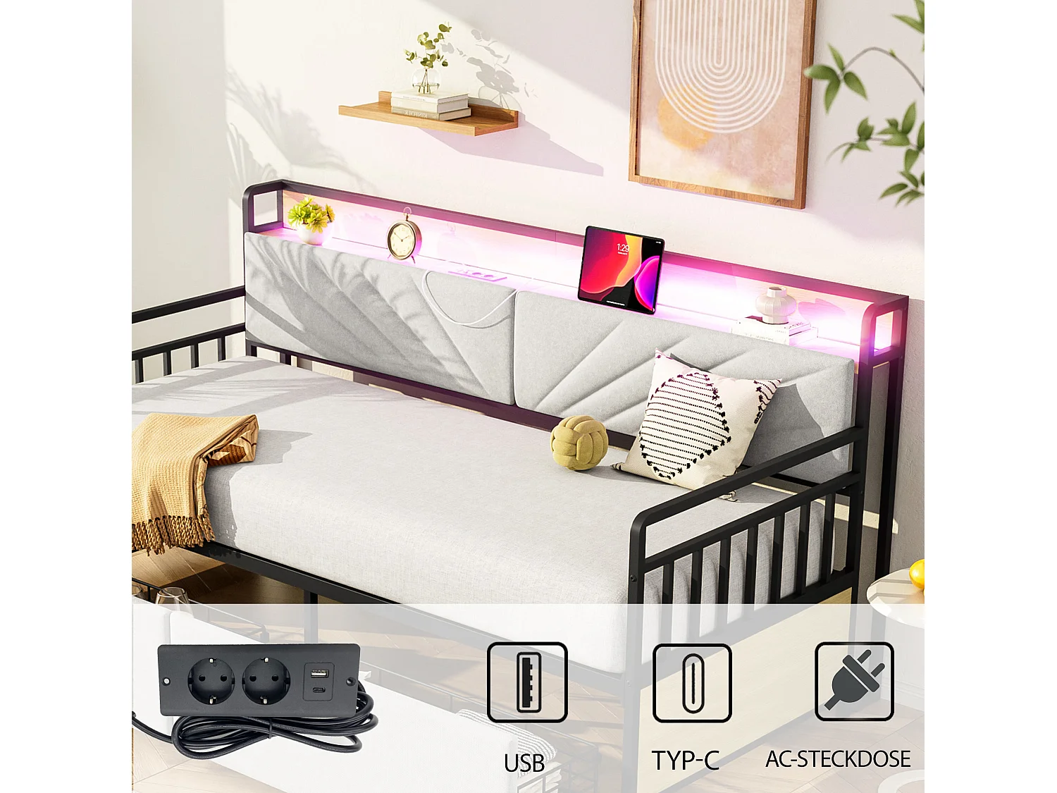 Lit canapé en métal 90x200 cm avec LED, étagères, tiroirs & prises multifonctions – Lit simple pour ado, design moderne, beige