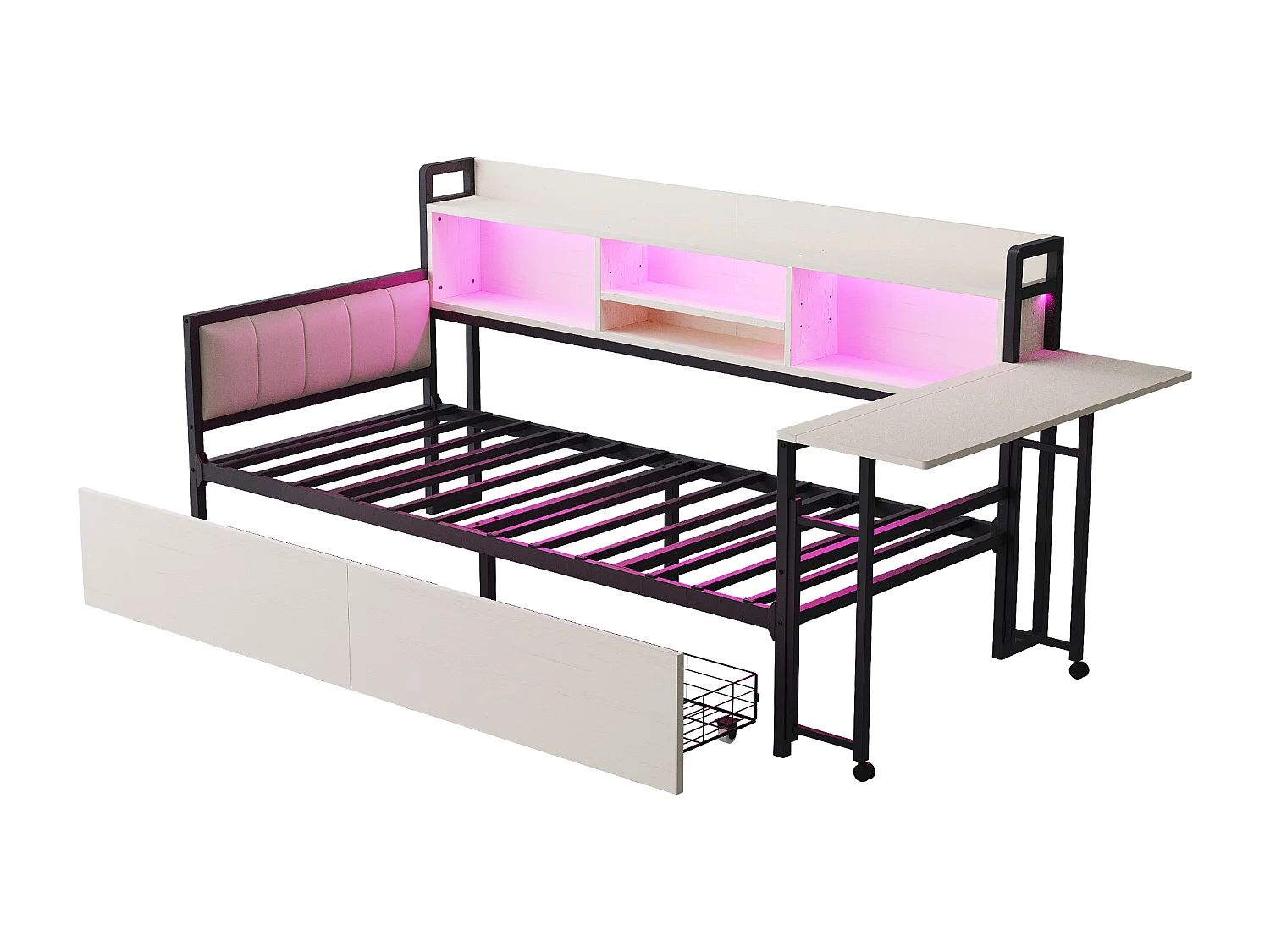 Sofá cama blanco de 90x200 cm con iluminación LED, almacenaje, enchufe multifunción, escritorio plegable y respaldo acolchado.