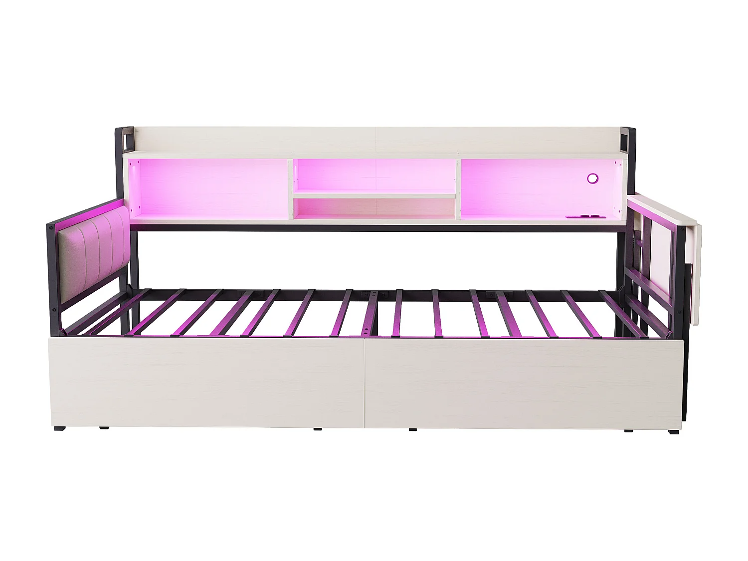 Sofá cama blanco de 90x200 cm con iluminación LED, almacenaje, enchufe multifunción, escritorio plegable y respaldo acolchado.