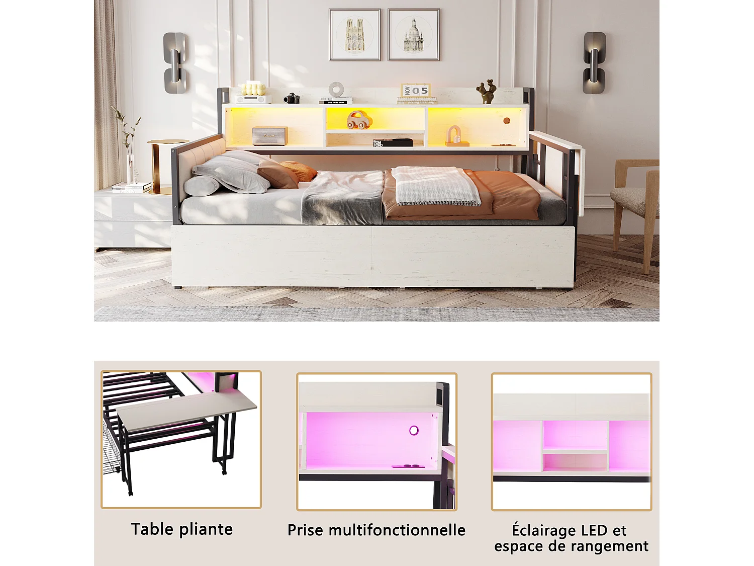 Sofá cama blanco de 90x200 cm con iluminación LED, almacenaje, enchufe multifunción, escritorio plegable y respaldo acolchado.