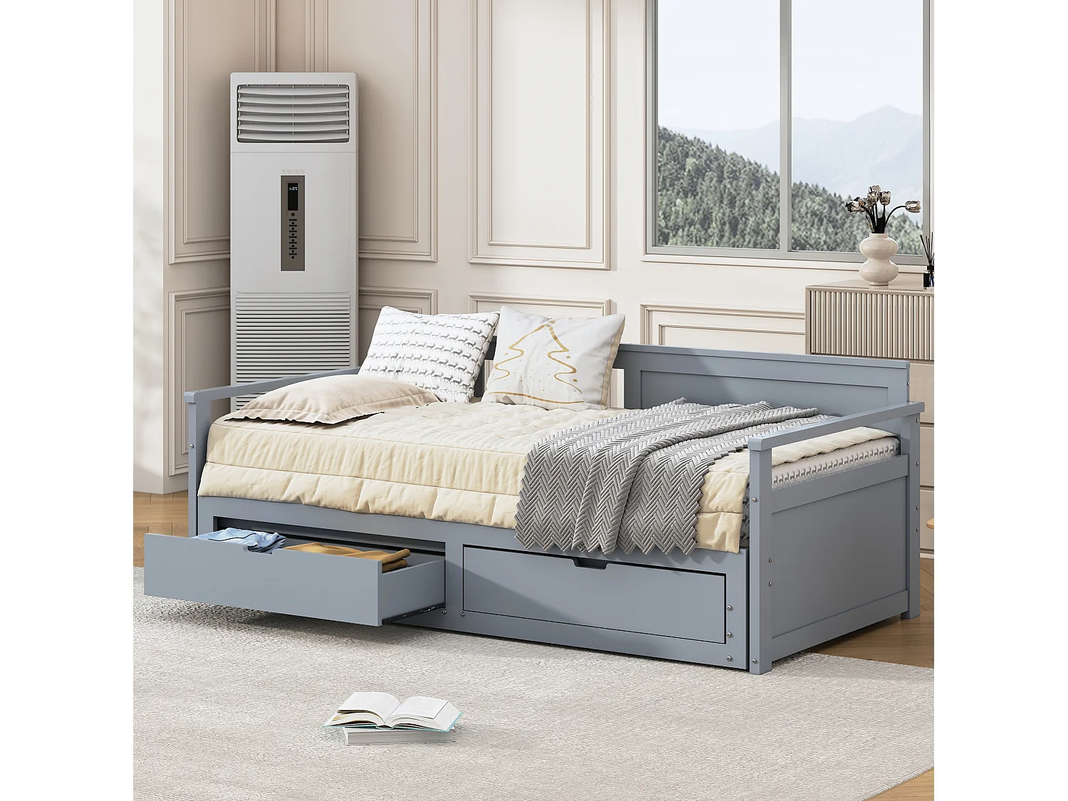 Lit multifonction 2-en-1 90(180)x190 cm en pin gris avec tiroirs et lit gigogne – pratique et modulable