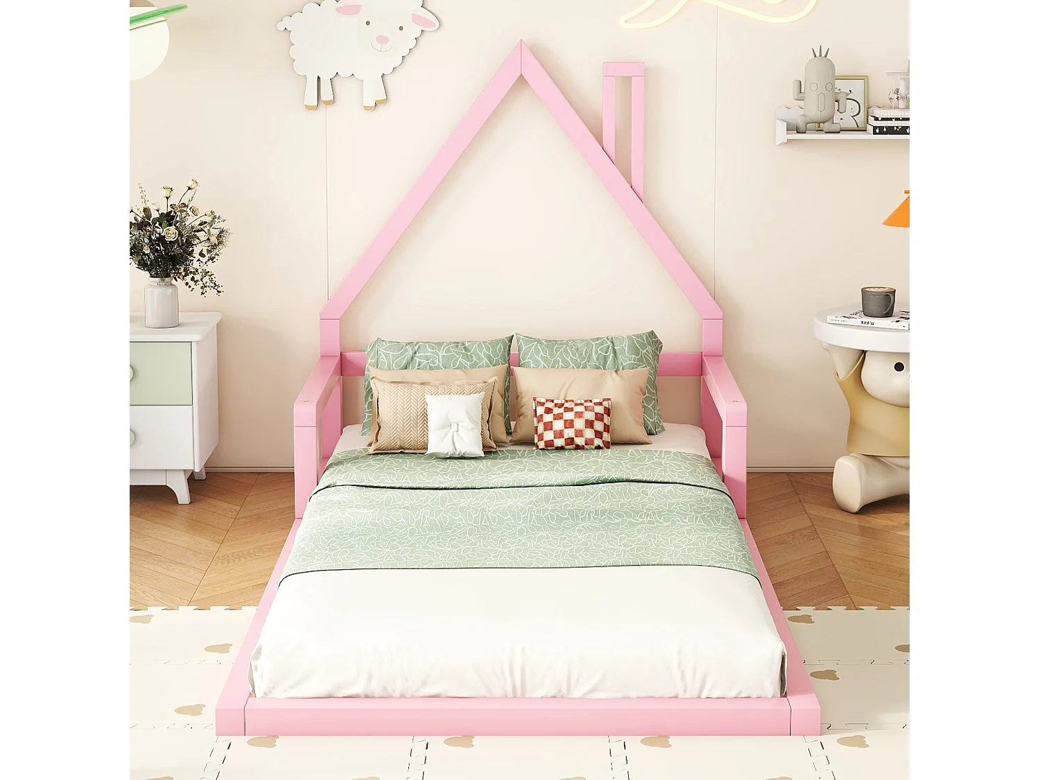 Lit pour enfant 90x200 cm en bois massif avec forme de maison, design simple et élégant – Lit plat robuste et sûr, couleur rose