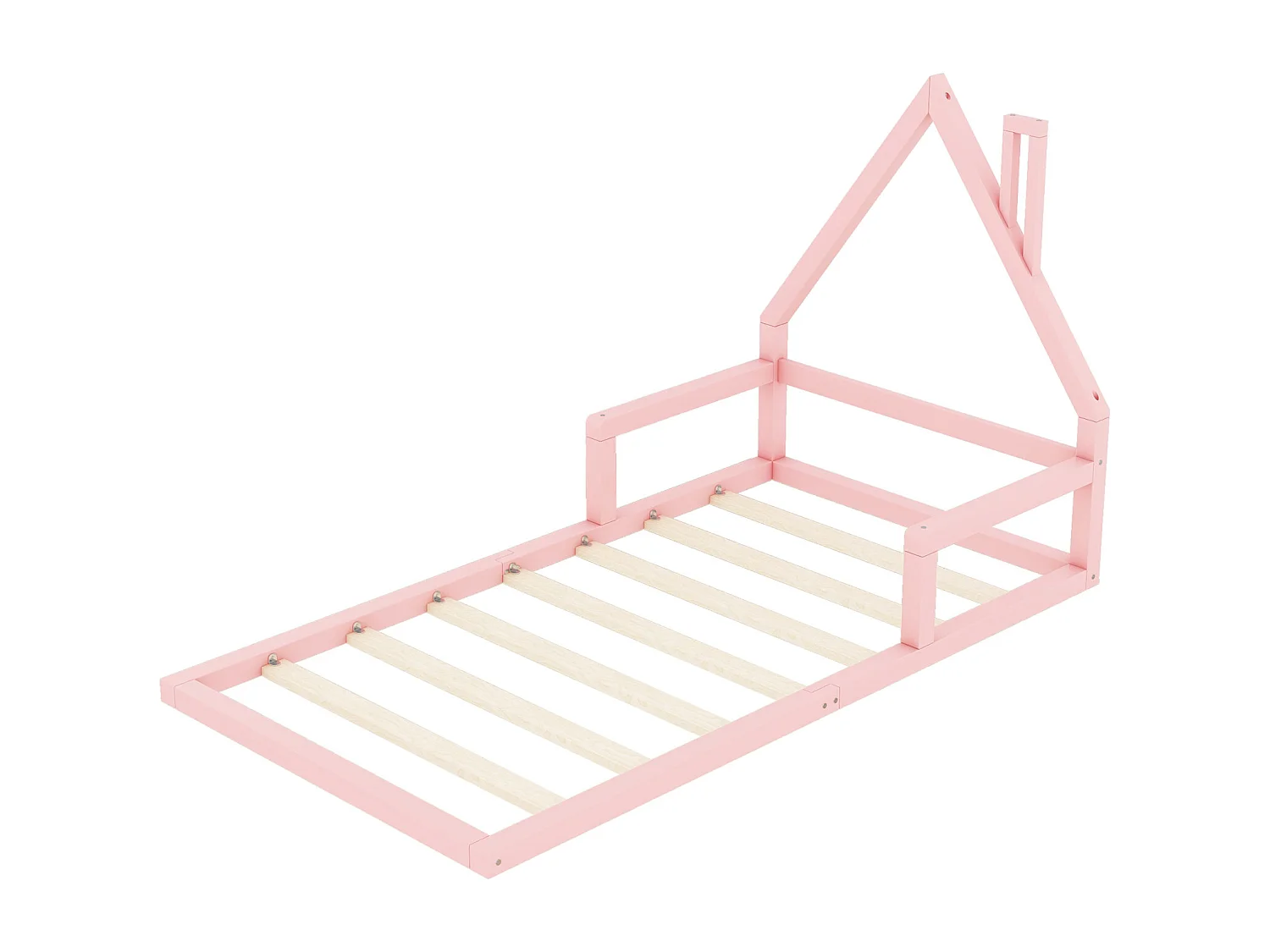 Lit pour enfant 90x200 cm en bois massif avec forme de maison, design simple et élégant – Lit plat robuste et sûr, couleur rose
