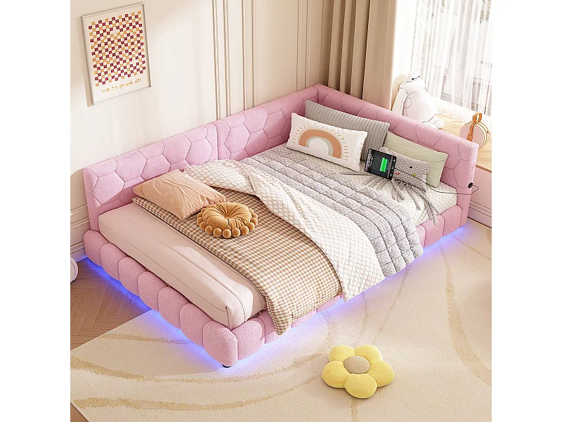 Divano letto 140x200 cm in velluto sintetico rosa con rete a doghe, illuminazione LED a 16 colori, porte USB/Type-C, materasso non incluso