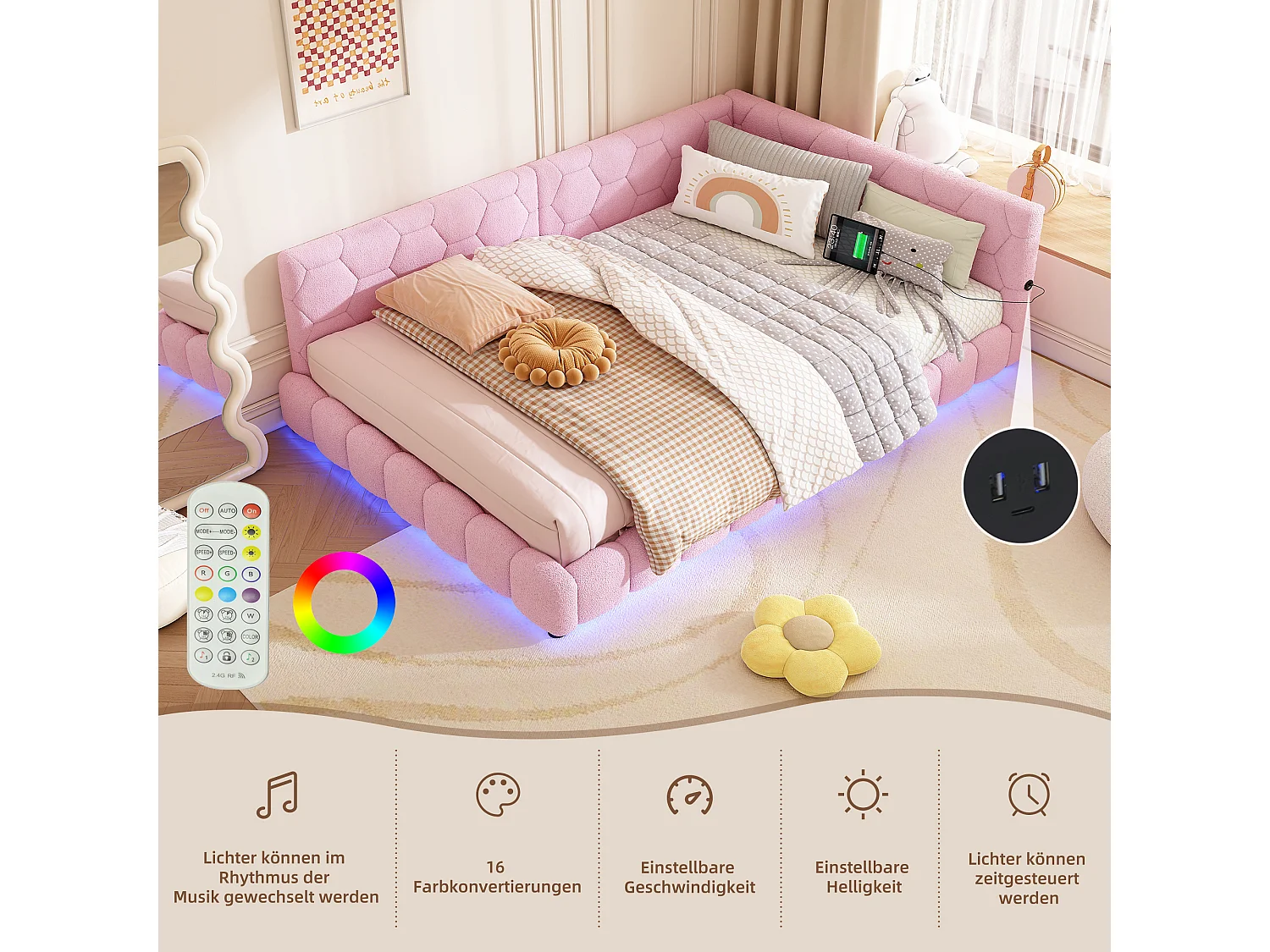 Divano letto 140x200 cm in velluto sintetico rosa con rete a doghe, illuminazione LED a 16 colori, porte USB/Type-C, materasso non incluso