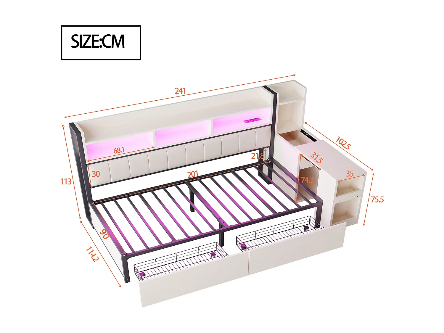 Sofá cama blanco de 90x200 cm con iluminación LED, múltiples compartimentos de almacenaje, cajones, enchufes multifunción y escritorio plegable