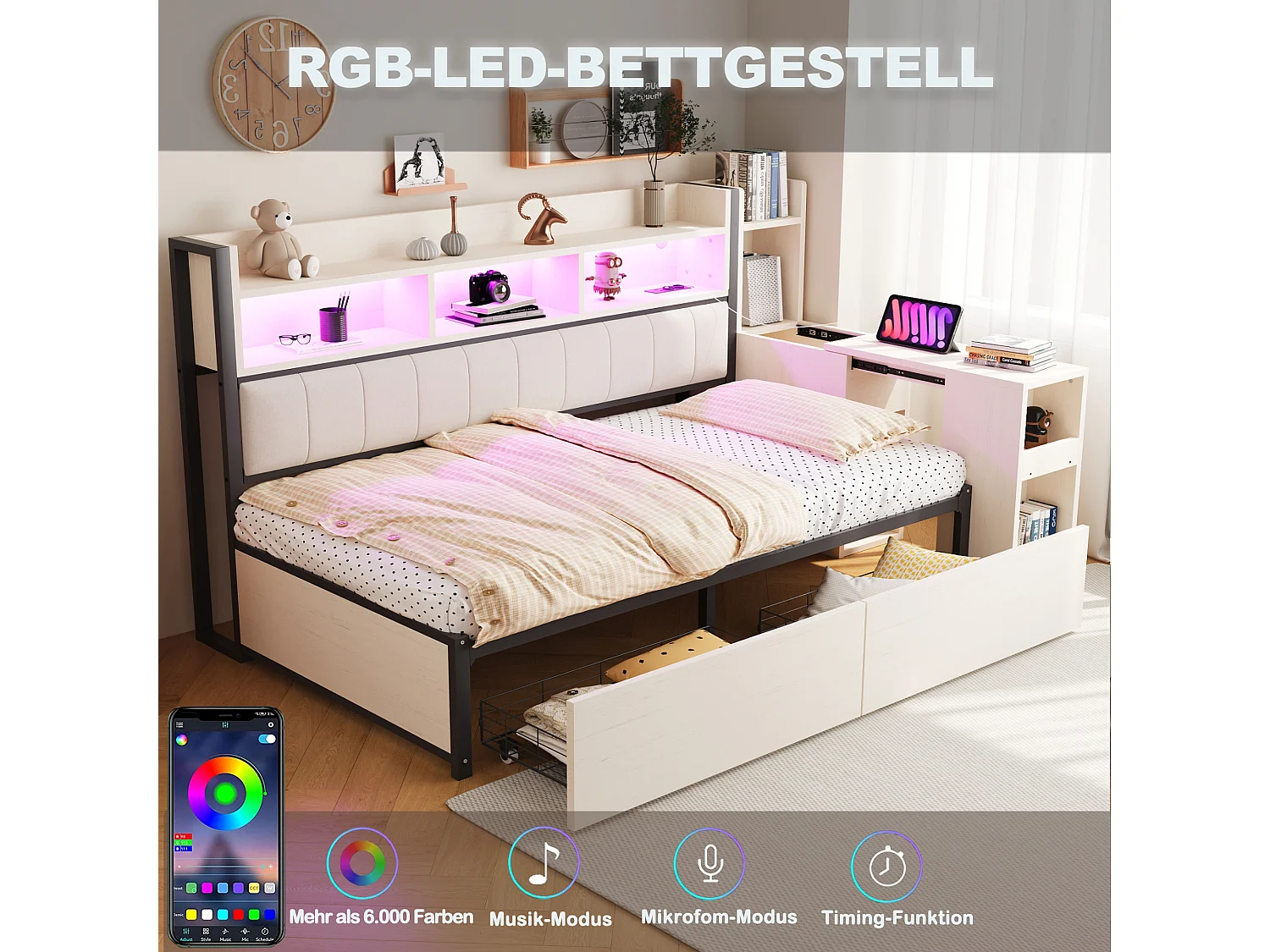 Sofá cama blanco de 90x200 cm con iluminación LED, múltiples compartimentos de almacenaje, cajones, enchufes multifunción y escritorio plegable